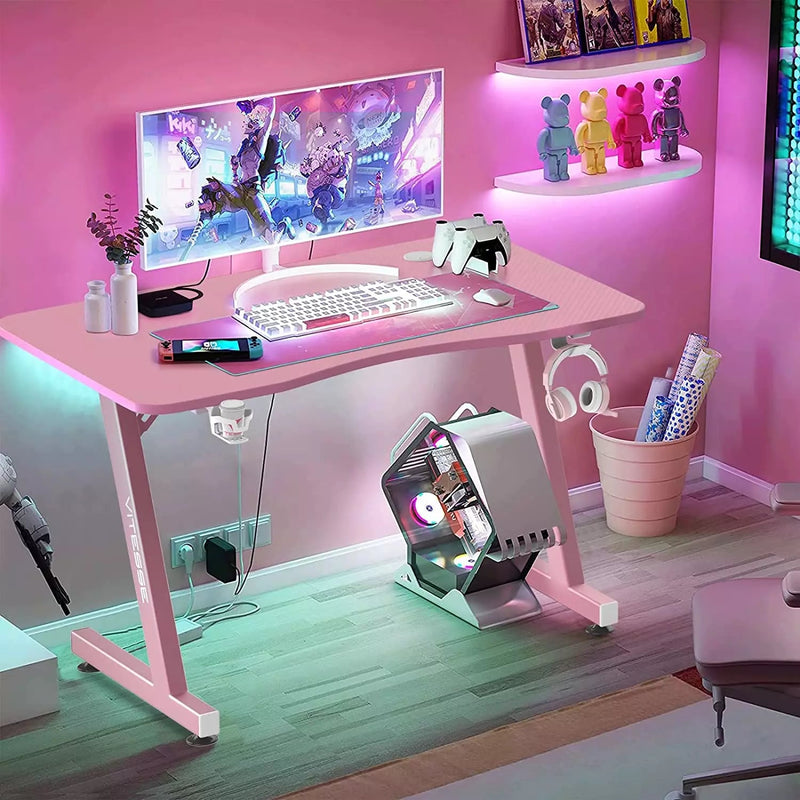 VITESSE 40" Z-Shaped Pink Gaming Desk, Cute Kawaii Gaming Table for Girls ZD02 Vitesse Home
