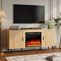 Waleaf 58" Wood Mid Century Modern TV Stand with Fireplace, Entertainment Center up to 65" TV ，Electric Fireplace TV Stand with LED Lights for Living Room
