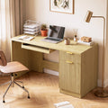 Waleaf 55" Computer Desk with Drawers & Storage Shelves, Modern Home Office Desk with Keyboard Tray, Sturdy Wood Study Writing Desk for Bedroom Living Room