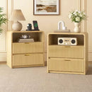 Waleaf Fluted Nightstand with Charging Station, Modern Curved Bedside Table with 2 Drawers and Open Shelf for Bedroom Living Room