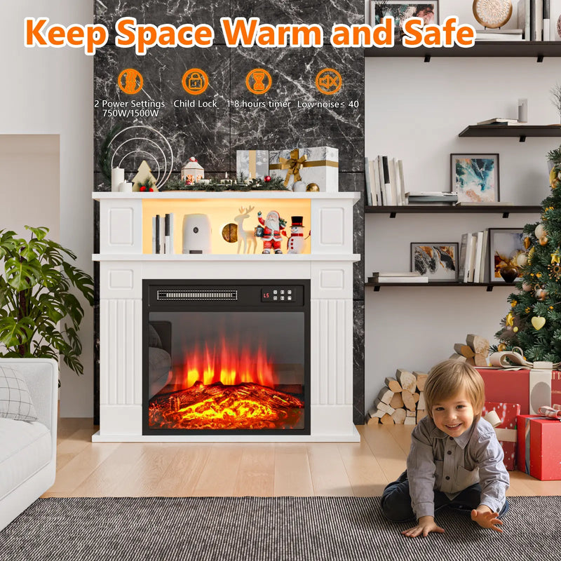 28" Electric Fireplace with Mantel, Replaceable Fire Place Insert with Remote Control, Freestanding, Realistic Log and Flame Effect, Mantel Fireplace with Storage Shelf, 750/1500W