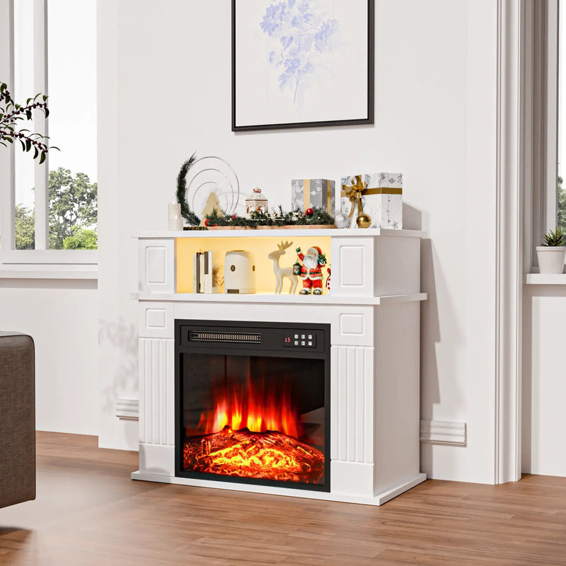 28" Electric Fireplace with Mantel, Replaceable Fire Place Insert with Remote Control, Freestanding, Realistic Log and Flame Effect, Mantel Fireplace with Storage Shelf, 750/1500W