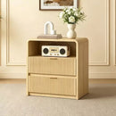 Waleaf Fluted Nightstand with Charging Station, Modern Curved Bedside Table with 2 Drawers and Open Shelf for Bedroom Living Room
