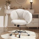 Waleaf Boucle Upholstered Desk Chair Flowers-Shaped Vanity Chair with Wheels for Living Room, Bedroom (White)