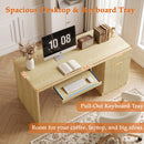 Waleaf 55" Computer Desk with Drawers & Storage Shelves, Modern Home Office Desk with Keyboard Tray, Sturdy Wood Study Writing Desk for Bedroom Living Room