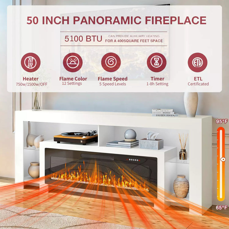 Waleaf 82" Modern Fireplace TV Stand with 50" Electric Fireplace Up to 90" TVs, Entertainment Center with 12 LED Color Flame and 20 Color LED Light
