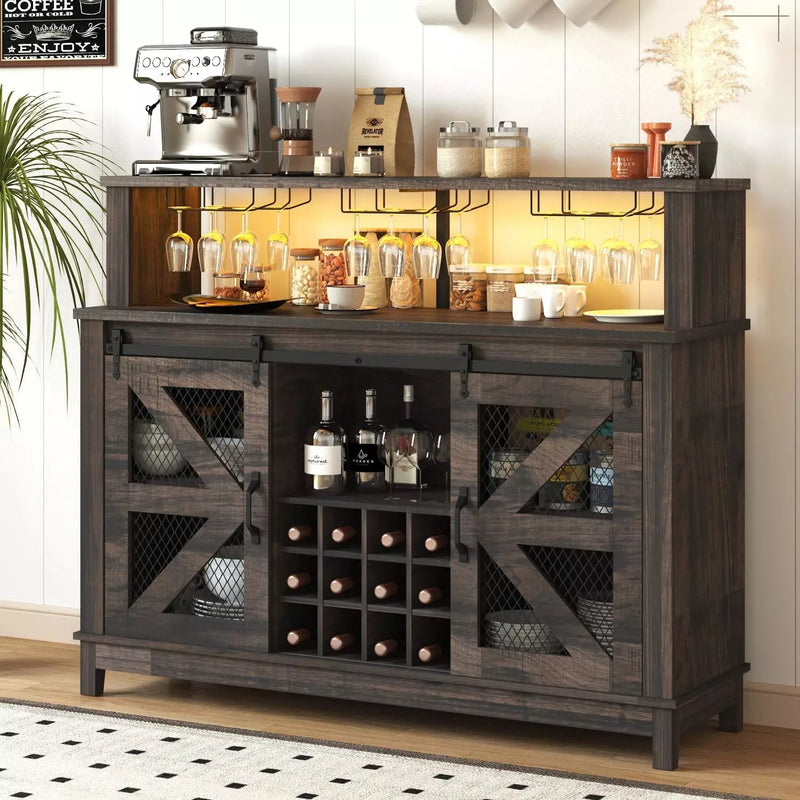 55" Farmhouse Coffee Bar Cabinet with LED Lights