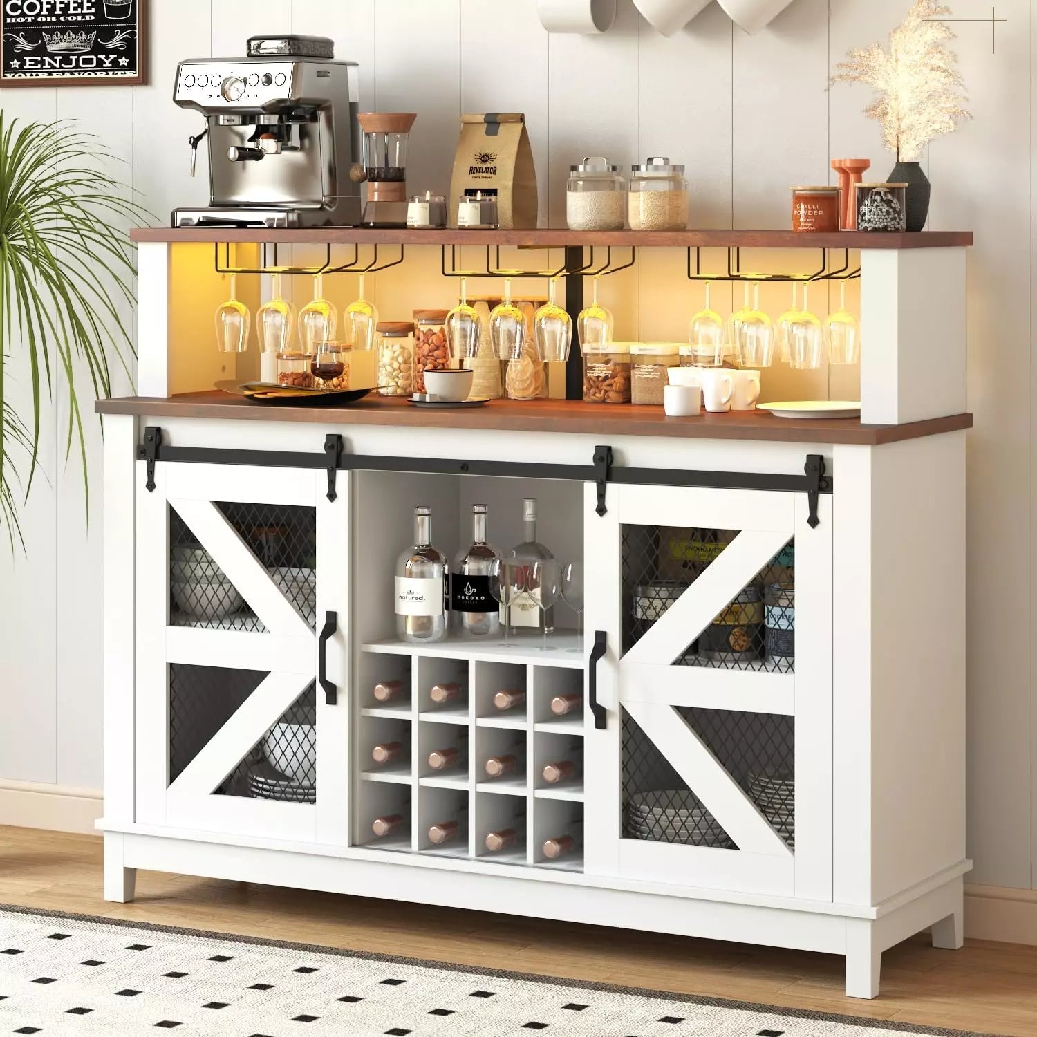 YITAHOME 65" Farmhouse Bar Cabinet With LED Lights & Wine Rack | Adjustable Shelf Coffee Bar Sideboard