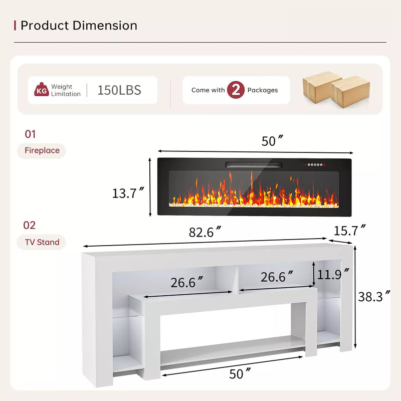 Waleaf 82" Modern Fireplace TV Stand with 50" Electric Fireplace Up to 90" TVs, Entertainment Center with 12 LED Color Flame and 20 Color LED Light