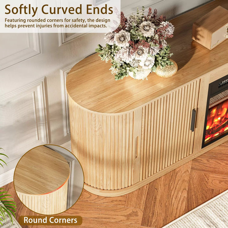 70" Fluted TV Stand with 23" Electric Fireplace, Modern Wood Cabinet with Fireplace for TVs Up to 80 inches, Curved Edge, Entertainment Center with Sliding Doors for Living Room