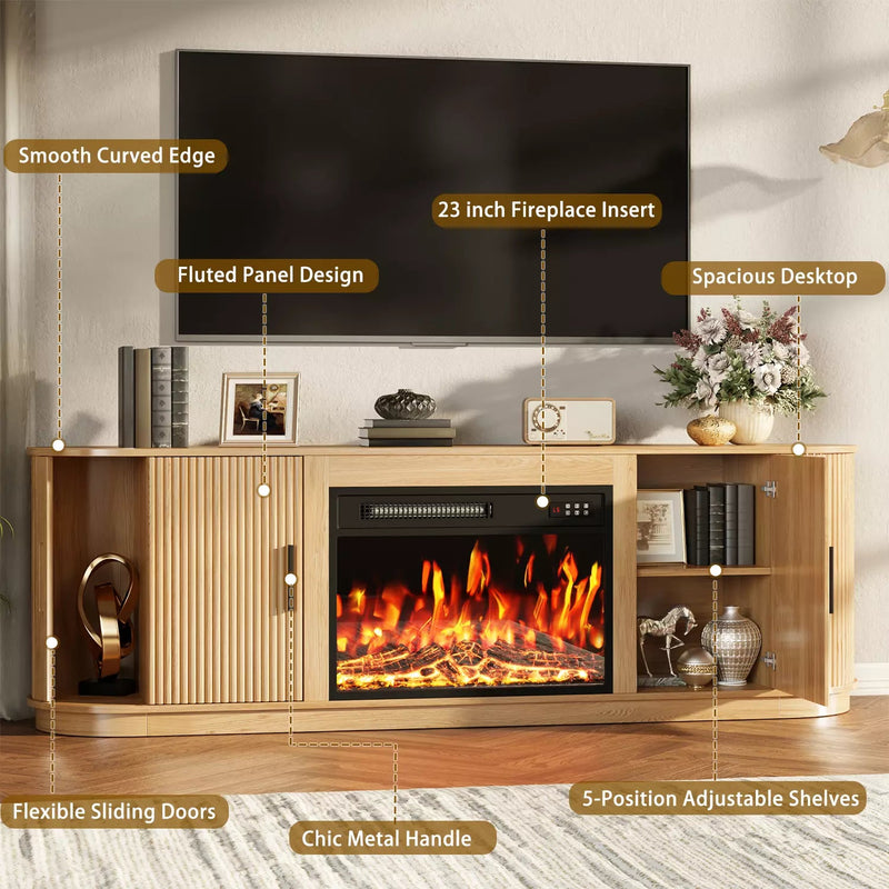 70" Fluted TV Stand with 23" Electric Fireplace, Modern Wood Cabinet with Fireplace for TVs Up to 80 inches, Curved Edge, Entertainment Center with Sliding Doors for Living Room