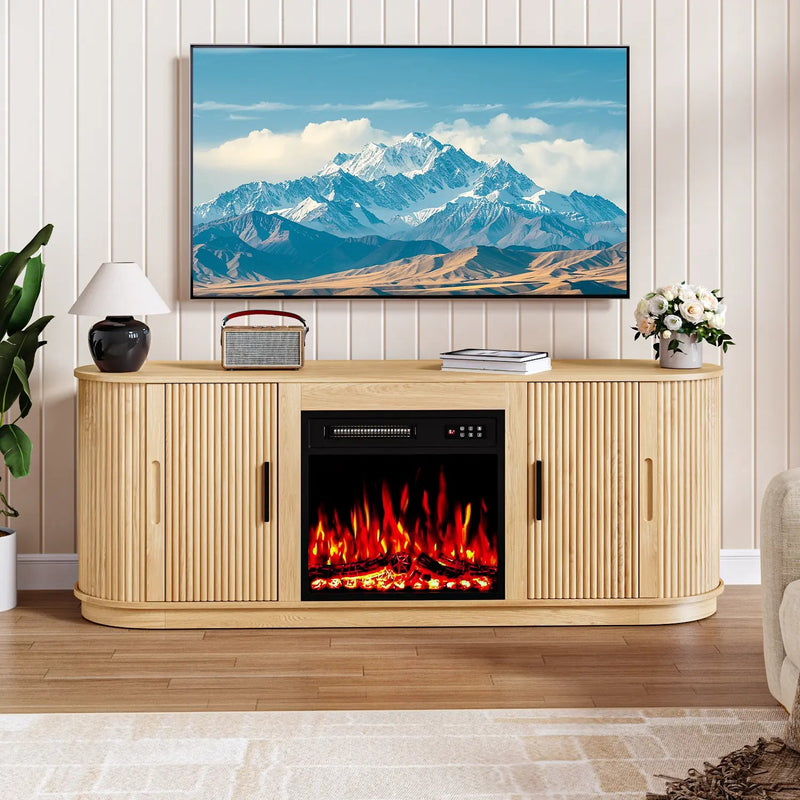 70" Fluted TV Stand with 23" Electric Fireplace, Modern Wood Cabinet with Fireplace for TVs Up to 80 inches, Curved Edge, Entertainment Center with Sliding Doors for Living Room