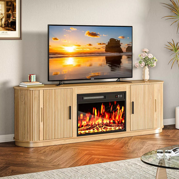 70" Fluted TV Stand with 23" Electric Fireplace, Modern Wood Cabinet with Fireplace for TVs Up to 80 inches, Curved Edge, Entertainment Center with Sliding Doors for Living Room