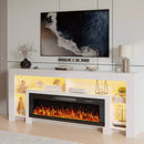 82" Fireplace TV Stand with 50" Electric Fireplace, High Gloss Entertainment Center with 20 Color LED Lights, Modern Highlight TV Console Cabinet for TVs Up to 90" for Living Room