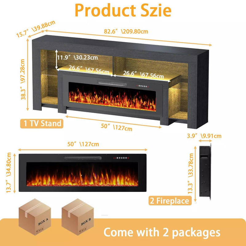 82" Fireplace TV Stand with 50" Electric Fireplace, High Gloss Entertainment Center with 20 Color LED Lights, Modern Highlight TV Console Cabinet for TVs Up to 90" for Living Room