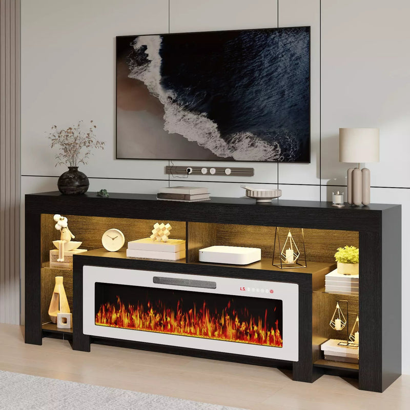 82" Fireplace TV Stand with 50" Electric Fireplace, High Gloss Entertainment Center with 20 Color LED Lights, Modern Highlight TV Console Cabinet for TVs Up to 90" for Living Room