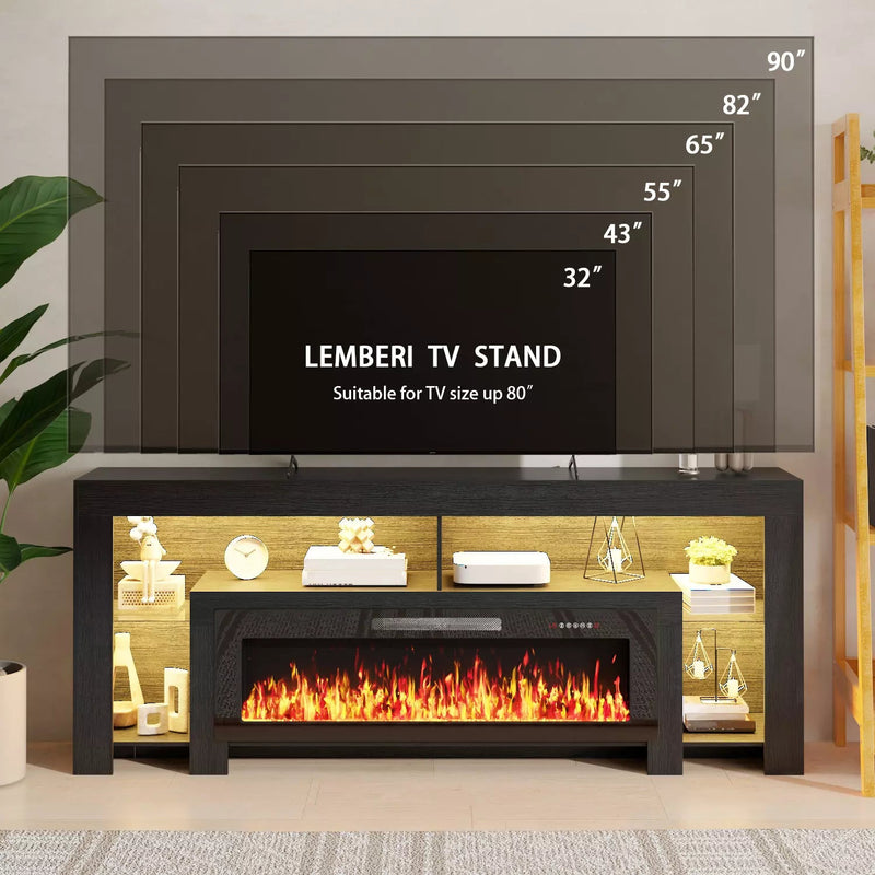 82" Fireplace TV Stand with 50" Electric Fireplace, High Gloss Entertainment Center with 20 Color LED Lights, Modern Highlight TV Console Cabinet for TVs Up to 90" for Living Room