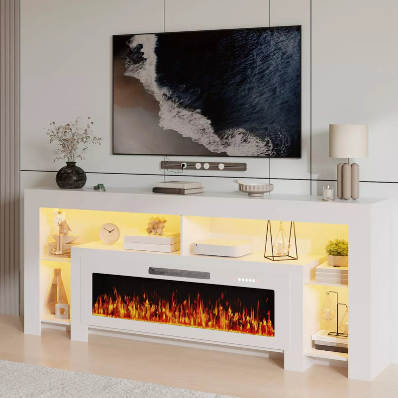 82" Fireplace TV Stand with 50" Electric Fireplace, High Gloss Entertainment Center with 20 Color LED Lights, Modern Highlight TV Console Cabinet for TVs Up to 90" for Living Room