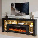 82" Fireplace TV Stand with 50" Electric Fireplace, High Gloss Entertainment Center with 20 Color LED Lights, Modern Highlight TV Console Cabinet for TVs Up to 90" for Living Room