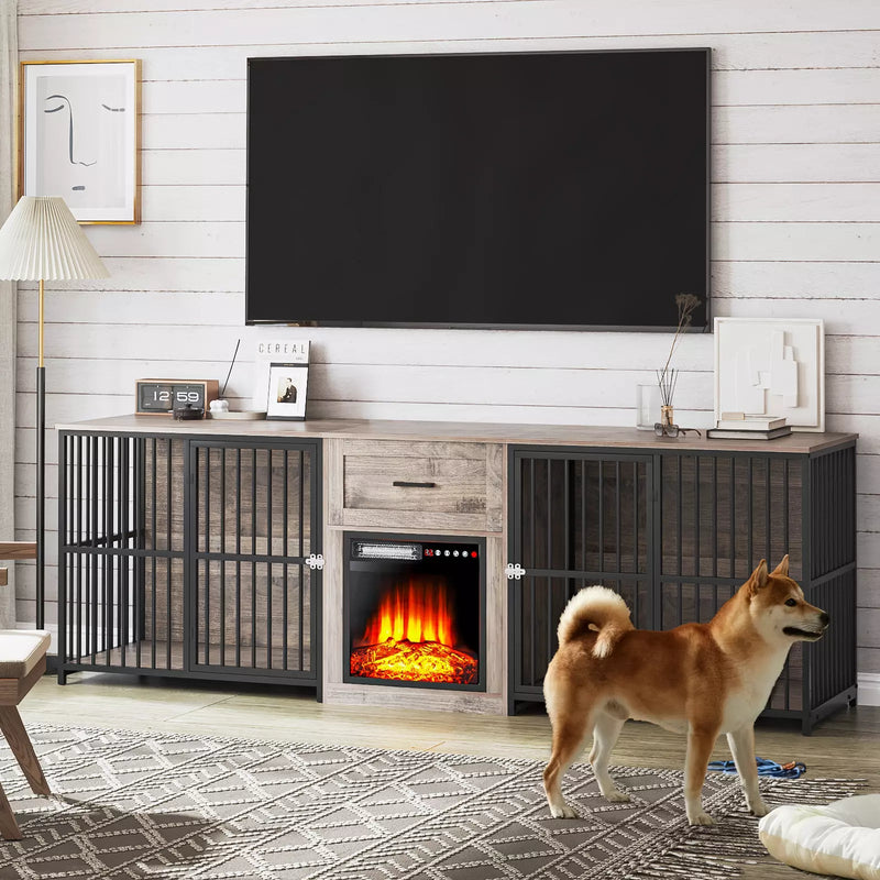 94"Wooden Double Dog Kennels Indoor with Electric Fireplace (18")