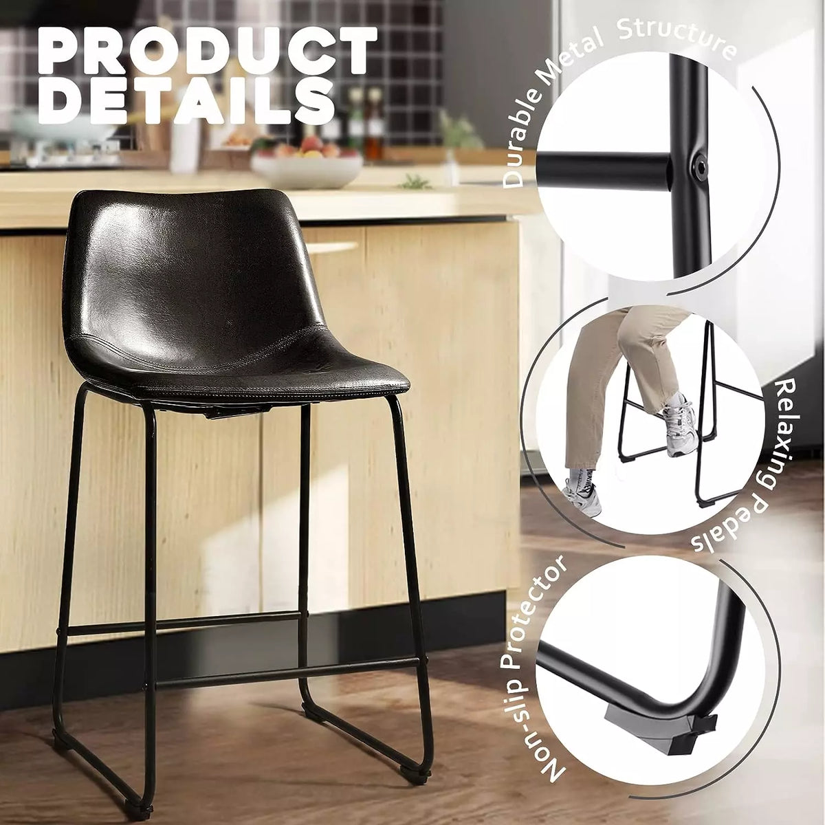 bar stool with pedals Waleaf Bar Stools Set of 2,Counter Height Bar Stools with Back, Modern PU Leather Stools