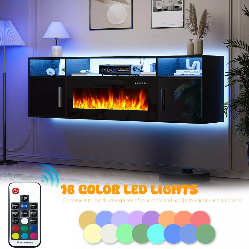 Floating Fireplace TV Stand 70'' Wall Mounted Shelf, LED Light Entertainment Center and Storage, Modern Wood Media TV Console with Highlight Cabinet for Living Room