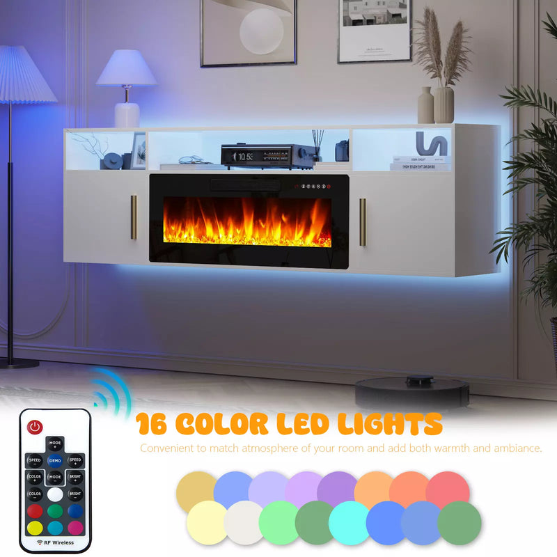 Floating Fireplace TV Stand 70'' Wall Mounted Shelf, LED Light Entertainment Center and Storage, Modern Wood Media TV Console with Highlight Cabinet for Living Room