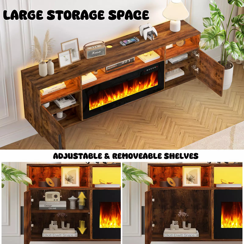 Floating Fireplace TV Stand 70'' Wall Mounted Shelf, LED Light Entertainment Center and Storage, Modern Wood Media TV Console with Highlight Cabinet for Living Room