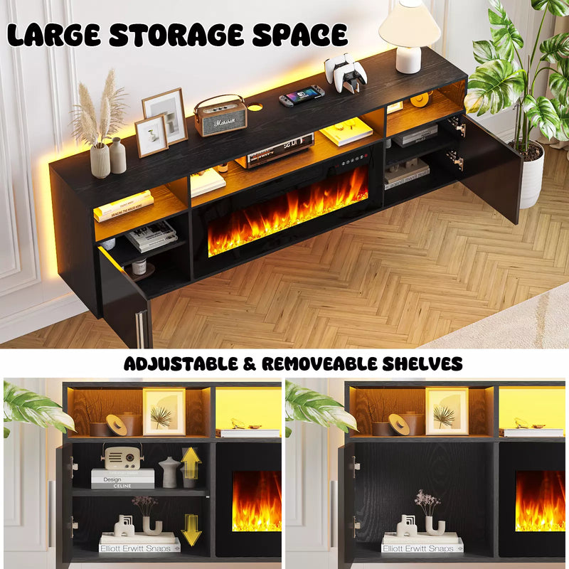 Floating Fireplace TV Stand 70'' Wall Mounted Shelf, LED Light Entertainment Center and Storage, Modern Wood Media TV Console with Highlight Cabinet for Living Room