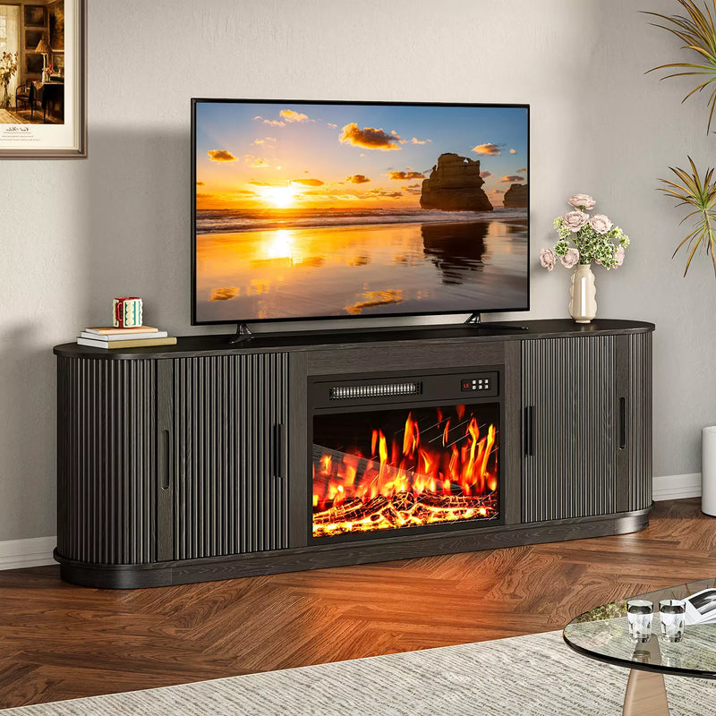 70" Fluted TV Stand with 23" Electric Fireplace, Modern Wood Cabinet with Fireplace for TVs Up to 80 inches, Curved Edge, Entertainment Center with Sliding Doors for Living Room