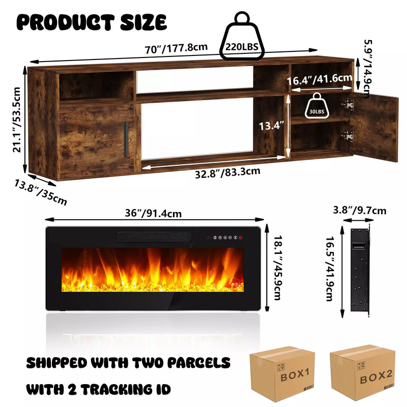 Floating Fireplace TV Stand 70'' Wall Mounted Shelf, LED Light Entertainment Center and Storage, Modern Wood Media TV Console with Highlight Cabinet for Living Room