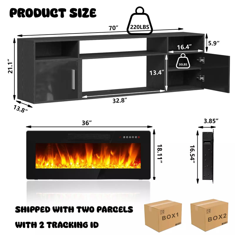 Floating Fireplace TV Stand 70'' Wall Mounted Shelf, LED Light Entertainment Center and Storage, Modern Wood Media TV Console with Highlight Cabinet for Living Room