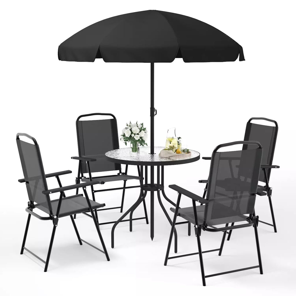 6-piece patio set with umbrella BOSSIN 6 Piece Patio Dining Set with Umbrella,Glass Table and 4 Foldin