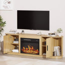 Bossin 70" Fireplace TV Stand with Sliding Doors, Mid-Century Modern Entertainment Center with Electric Fireplace & Storage, Oak