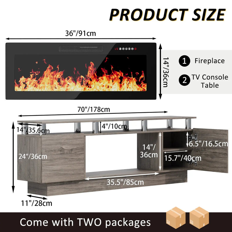 BOSSIN 70 Inches Fireplace TV Stand for TVs up to 80 Inches Console with 36'' Electric Fireplace