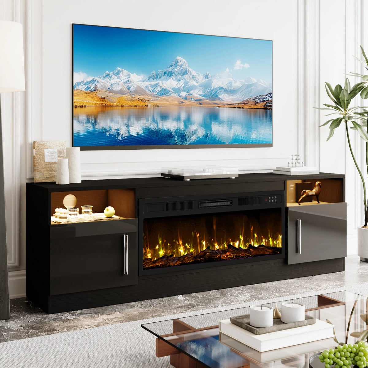 Waleaf 70 inches Fireplace TV Stand with 36 inch Fireplace Up to 80