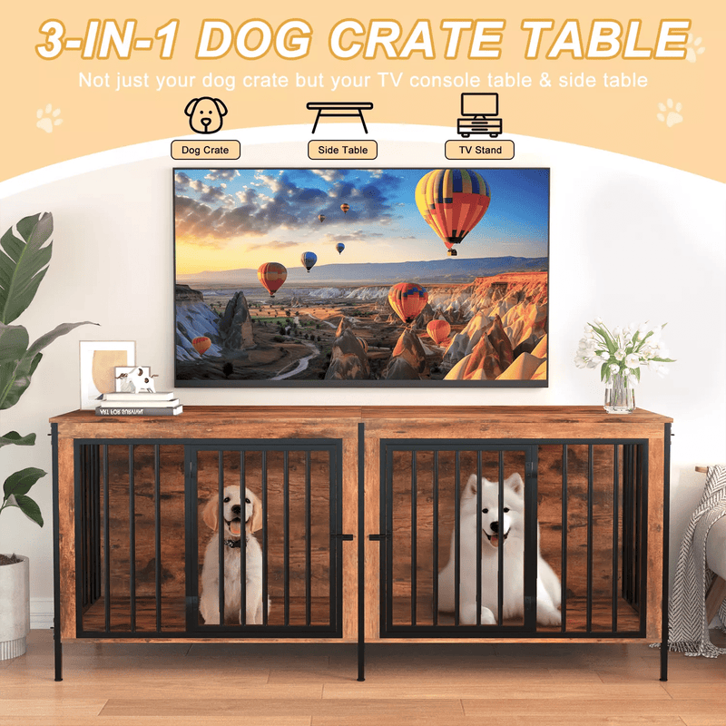 BOSSIN 78inch Dog Crate Furniture for 2 Dogs, Large Double Dog Cage Furniture with Divider, Wooden Indoor Dog Kennel for Medium Large Dogs
