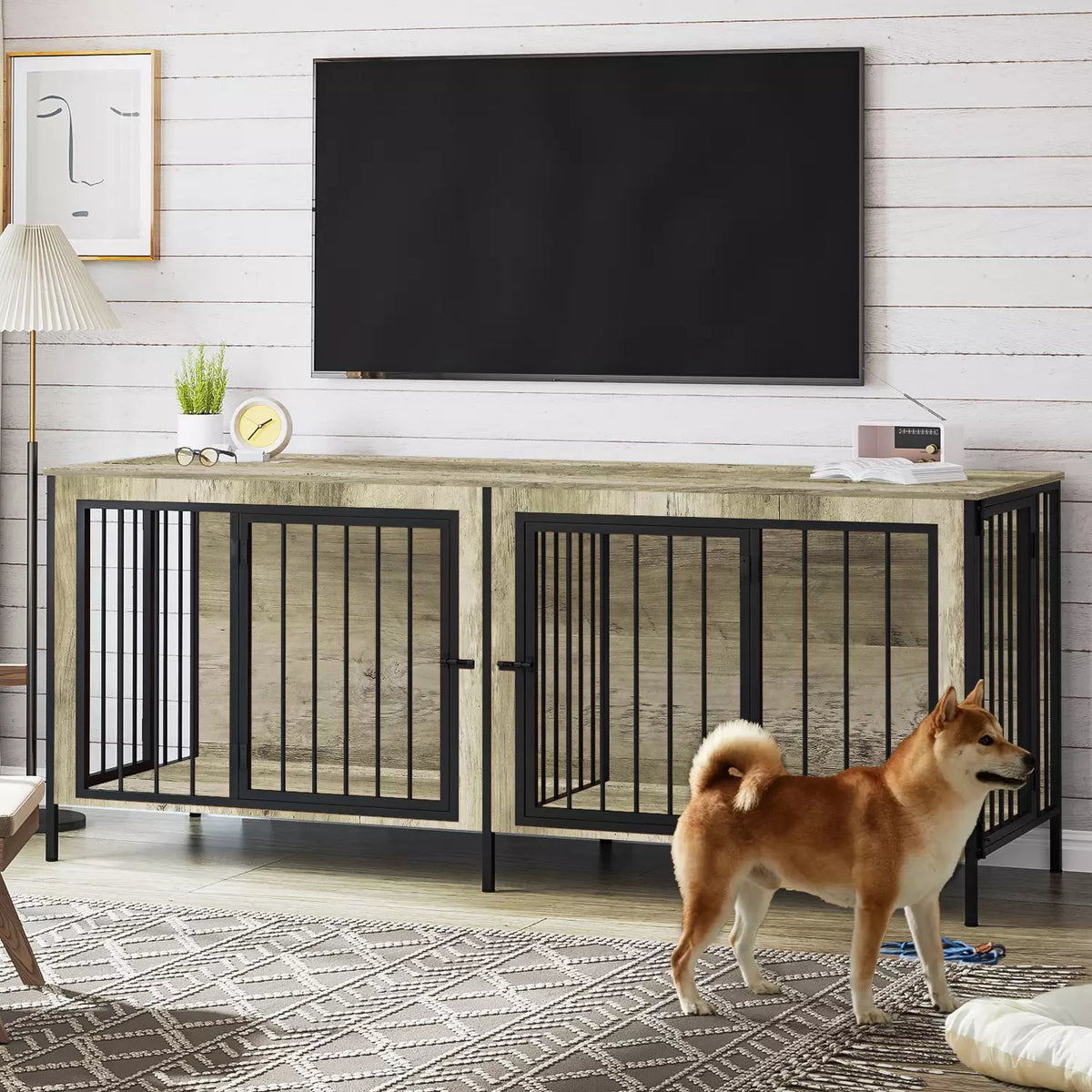 BOSSIN 78inch Dog Crate Furniture for 2 Dogs, Large Double Dog Cage Fu