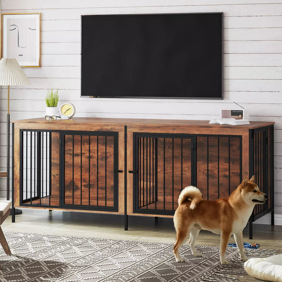 BOSSIN 78inch Dog Crate Furniture for 2 Dogs, Large Double Dog Cage Fu
