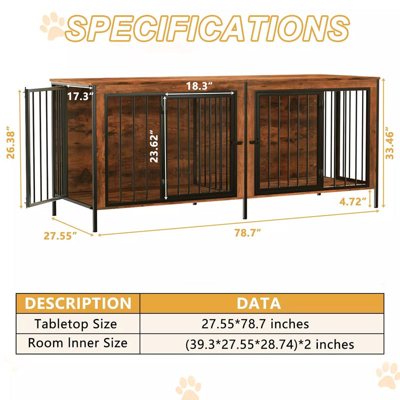 BOSSIN 78inch Dog Crate Furniture for 2 Dogs, Large Double Dog Cage Furniture with Divider, Wooden Indoor Dog Kennel for Medium Large Dogs