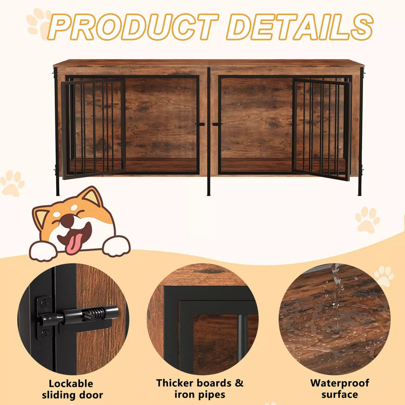 BOSSIN 78inch Dog Crate Furniture for 2 Dogs, Large Double Dog Cage Furniture with Divider, Wooden Indoor Dog Kennel for Medium Large Dogs