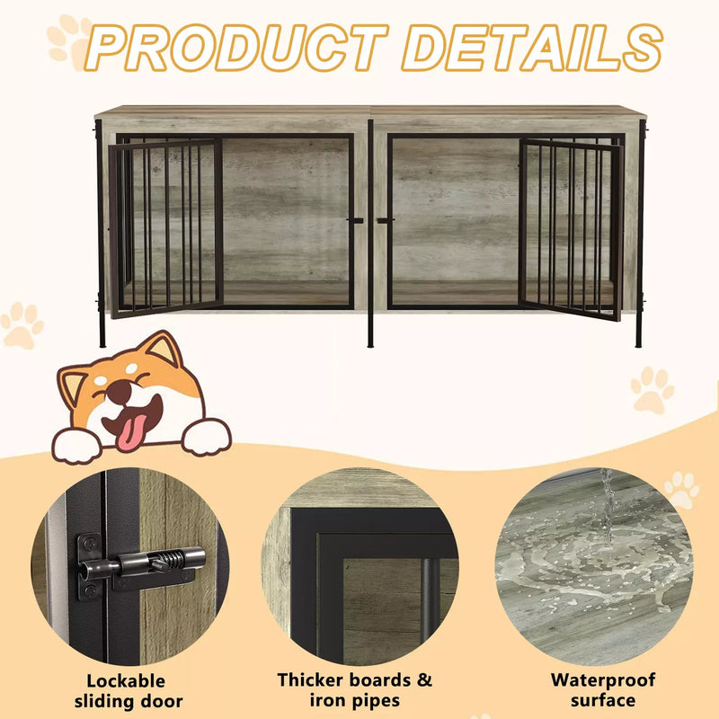 BOSSIN 78inch Dog Crate Furniture for 2 Dogs, Large Double Dog Cage Furniture with Divider, Wooden Indoor Dog Kennel for Medium Large Dogs