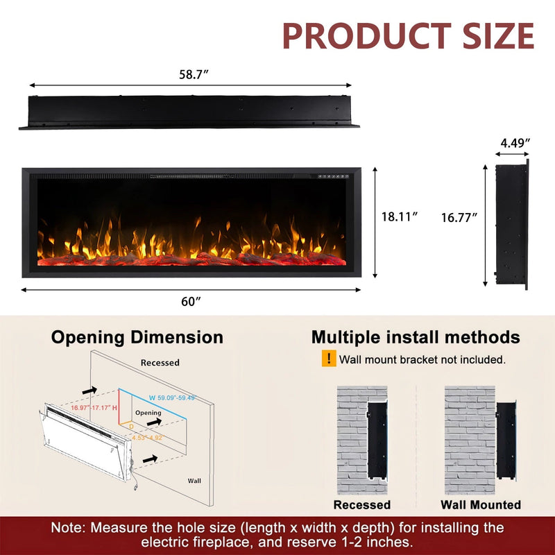 BOSSIN  Electric Fireplace Ultra Narrow Frame &Wider screen with Adjustable Flame Color and Speed,Remote Control with Timer,750/1500W