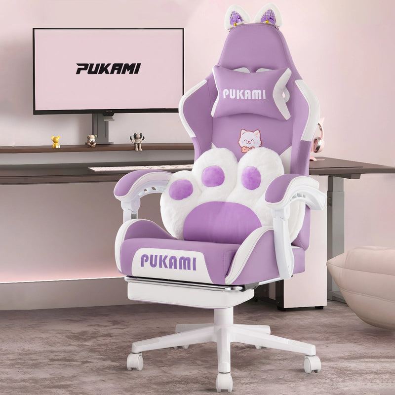 BOSSIN Pink Gaming Chair,Ergonomic Computer Chair for adult with Cat Paw Lumbar Cushion and Cat Ears