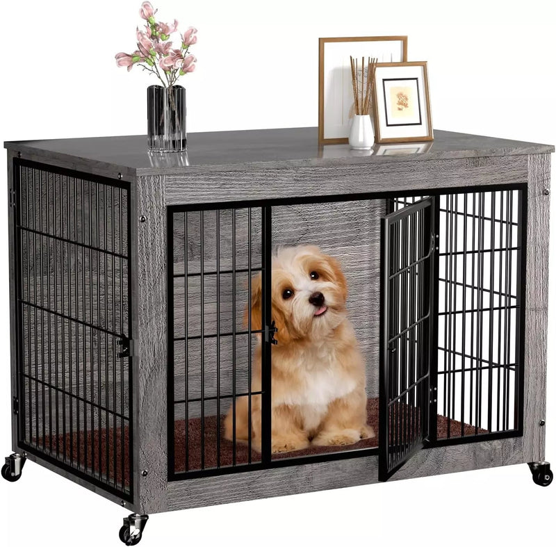 Dog Crate Furniture with Cushion,38" Wooden Dog Crate nightstand with Double Doors