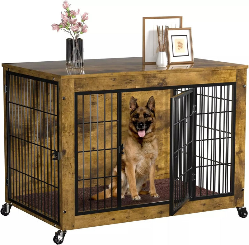 Dog Crate Furniture with Cushion,38" Wooden Dog Crate nightstand with Double Doors