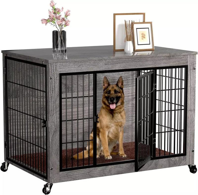 Dog Crate Furniture with Cushion,38" Wooden Dog Crate nightstand with Double Doors