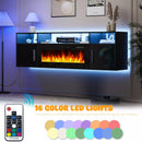 Floating Fireplace TV Stand 70'' Wall Mounted Shelf, LED Light Entertainment Center and Storage, Modern Wood Media TV Console with Highlight Cabinet for Living Room