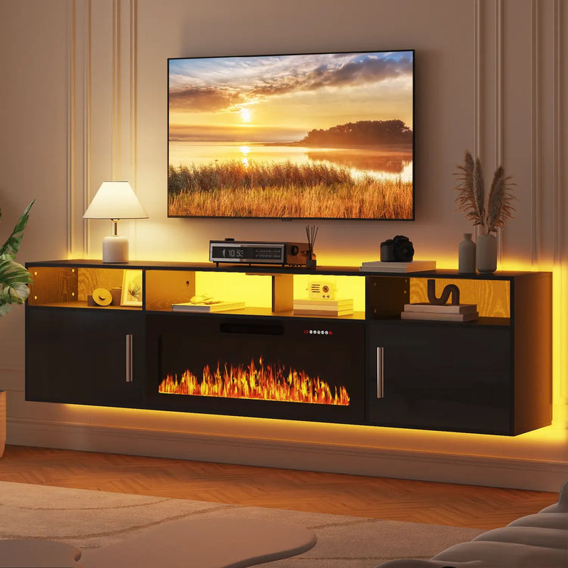 Floating Fireplace TV Stand 70'' Wall Mounted Shelf, LED Light Entertainment Center and Storage, Modern Wood Media TV Console with Highlight Cabinet for Living Room