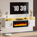 Floating Fireplace TV Stand 70'' Wall Mounted Shelf, LED Light Entertainment Center and Storage, Modern Wood Media TV Console with Highlight Cabinet for Living Room